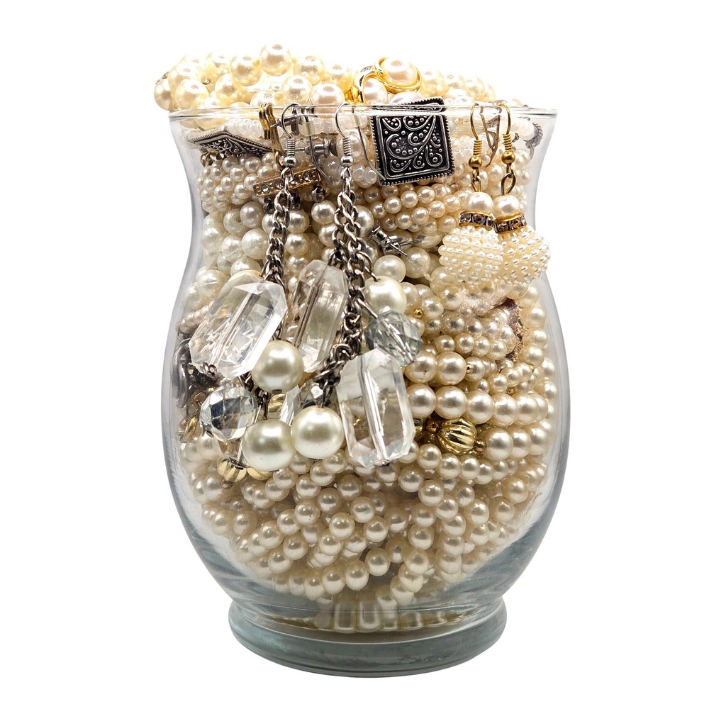 Faux Pearl Variety Costume Jewelry Jar Mixed Necklaces Bracelets Earrings 20+
